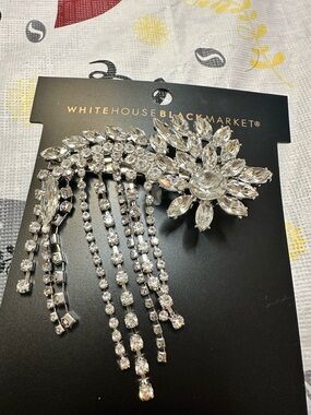 White House Black Market Silver Crystal Floral Hair Accessory with Dangles